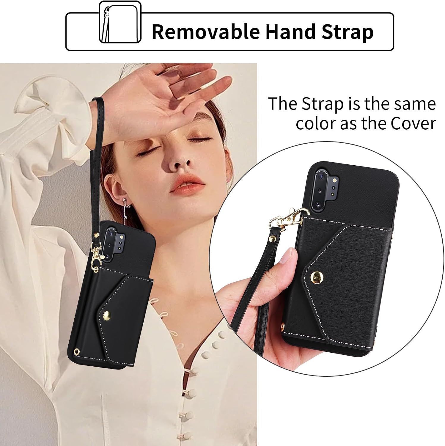 Wallet Case for Samsung Galaxy Note 10 Plus Note10+ 5G with Wrist Strap Shoulder Strap, Leather Credit Card Holder Stand Phone Cover for Note10 + Notes 10+ Ten Not S10 10Plus Women Men Black