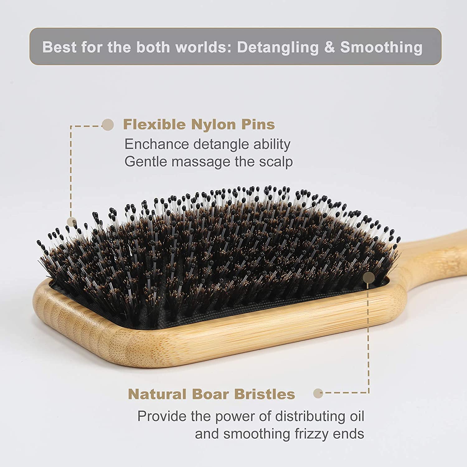 BESTOOL Spazzola per capelli in setole di cinghiale Spazzola per capelli in legno naturale Massaggio in legno anti statico Spazzola per pagaia grande per donna uomo e bambino (Quadrato)