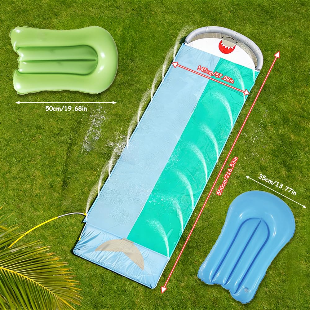 Scivolo d'Acqua 550 x 145 cm, Scivolo Acquatico Giardino, Doppio con Irrigatore, 2 Bodyboard