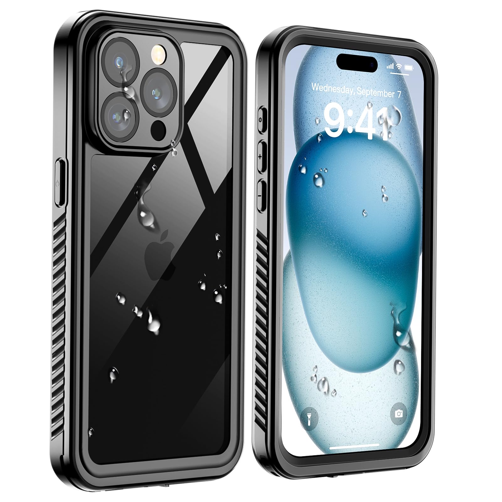 SUPFINE for iPhone 15 Pro Waterproof Case,[Built-in Screen Protector][IP68 Underwater] Phone Case-Black/Clear