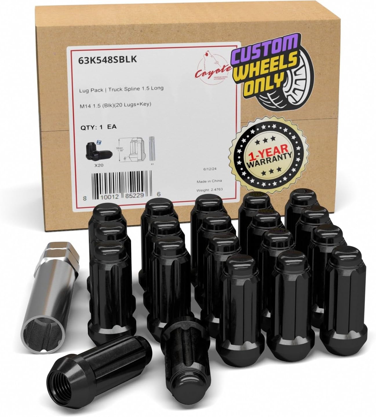 Wheel Accessories Parts 20 Pcs M14x1.5 14x1.5 Thread Truck 2.00" Long Spline Lug Nuts Black Chrome 6 Spline Hex Fits 1990-99 Chevy C1500 GMC 1500 2012-18 Ram 1500 2019+ Ram 1500 Classic