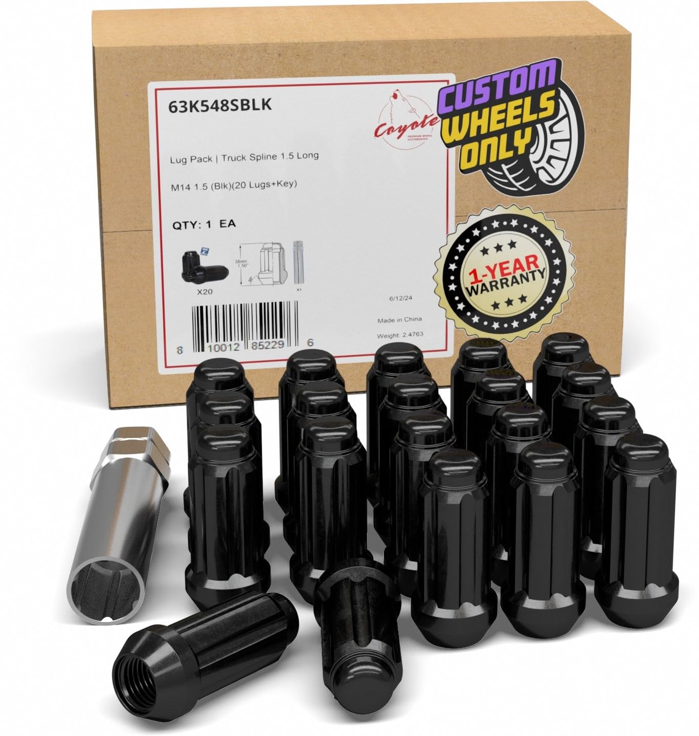 Wheel Accessories Parts 20 Pcs M14x1.5 14x1.5 Thread Truck 2.00" Long Spline Lug Nuts Black Chrome 6 Spline Hex Fits 1990-99 Chevy C1500 GMC 1500 2012-18 Ram 1500 2019+ Ram 1500 Classic