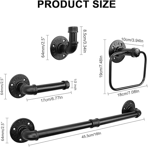 Miniatura 2 de Jeasor Kit de 4 piezas de anillo de toalla de baño de tubería industrial, kit de accesorios de montaje en pared, incluye gancho para bata, toallero