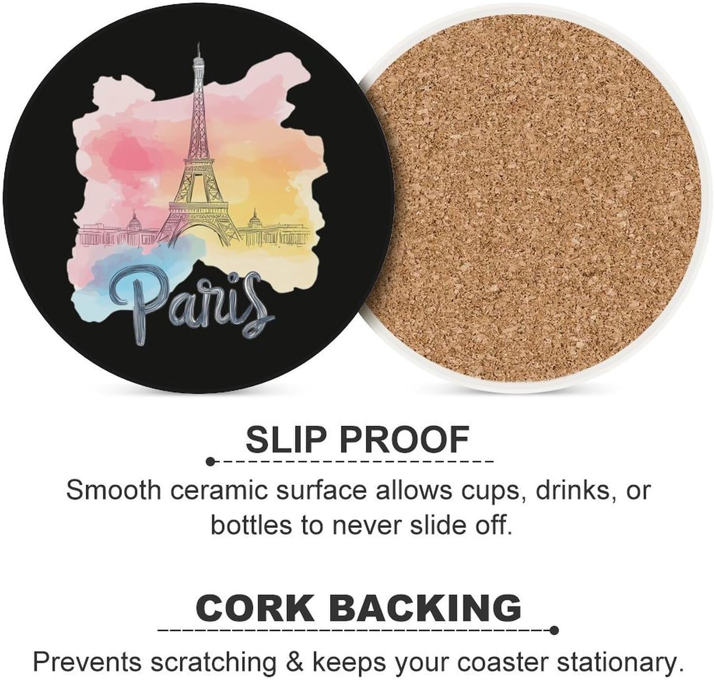 Vintage Paris Eiffel Tower Funny Round Ceramic Coasters for Drink Absorbent Cup Holders Tabletop Protection