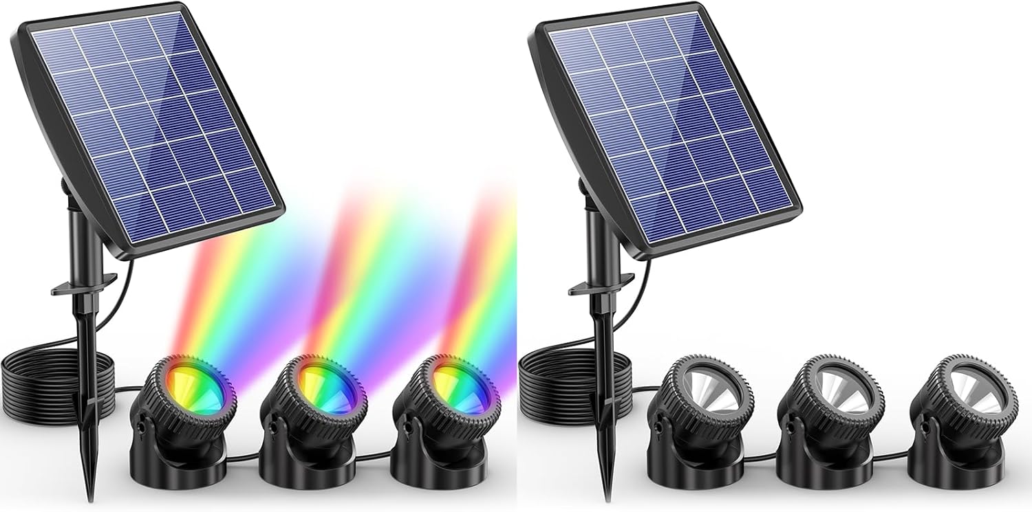 POPOSOAP Solar Pond Lights, Warm White & LED Color Underwater Pond Lights, IP68 Waterproof LED Landscape Spotlights for for Pond, Garden, Patio, Fountain, Pool, Waterfall Decoration(3 Head Lamp)