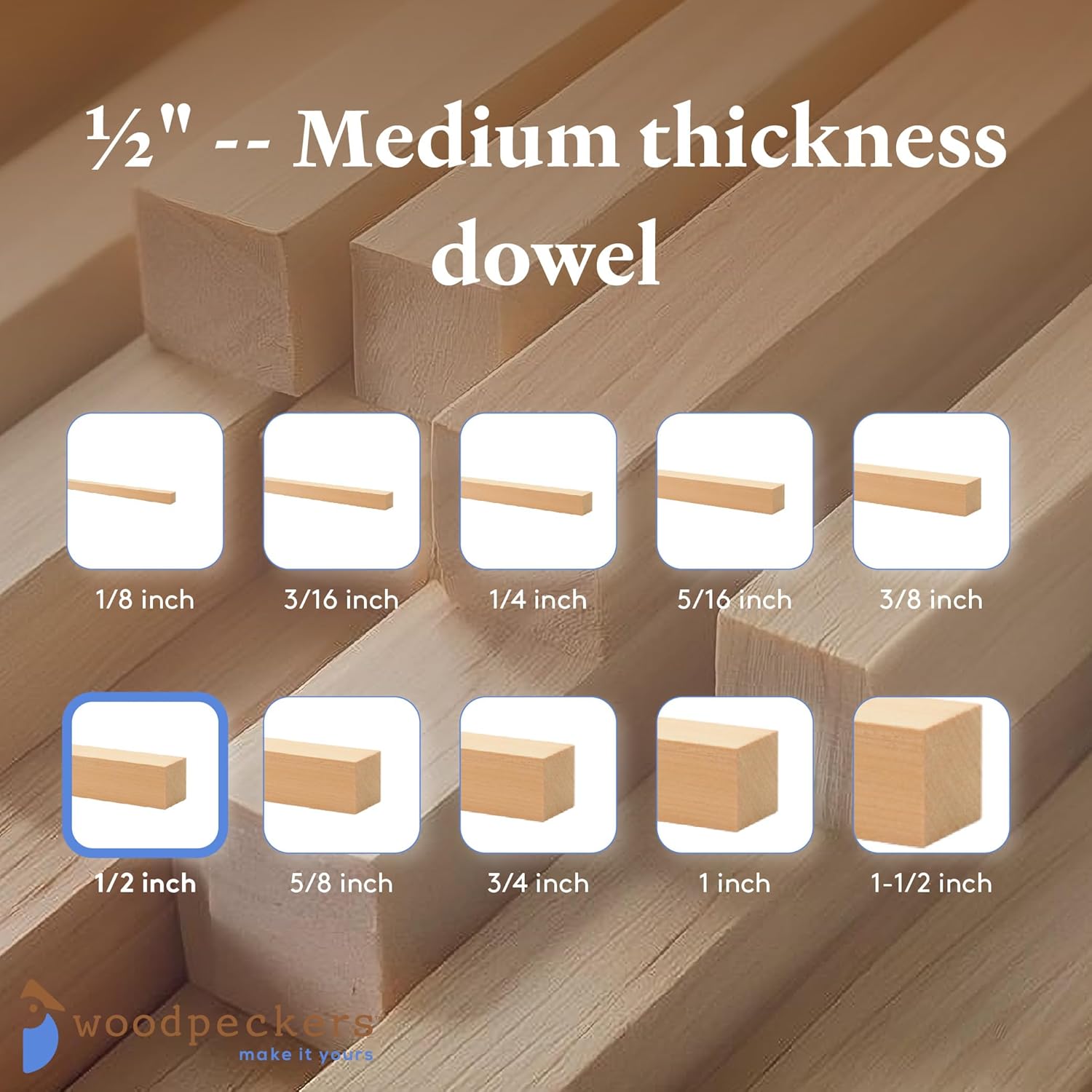 Square Wood Dowel Rod 36" x 1/2" Pack of 20 Square Wooden Dowel Sticks for Crafts and DIY Birch Hardwood by Woodpeckers