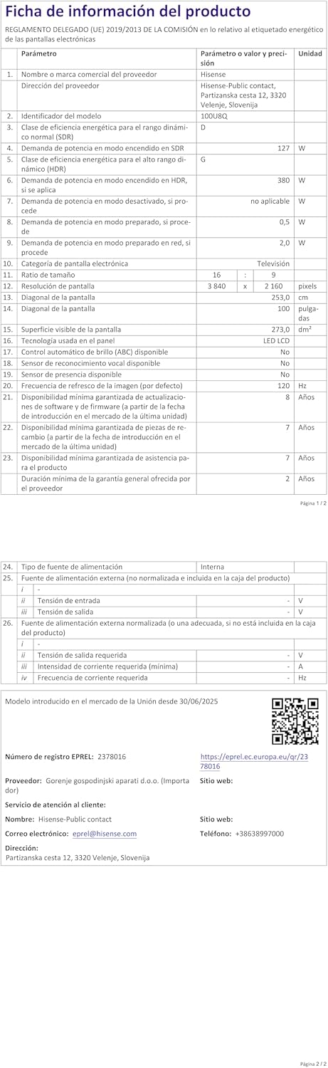 Hisense 100U8Q TV Product Information Sheet