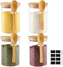 Mezzar Bocaux en Verre, Lot de 4 Bocaux de Conservation en Verre Avec Couvercle et Cuillère 500ML pour Le Stockage de Produits Secs Épices Thé Noix Graines Pâtes Farine Grains de Café