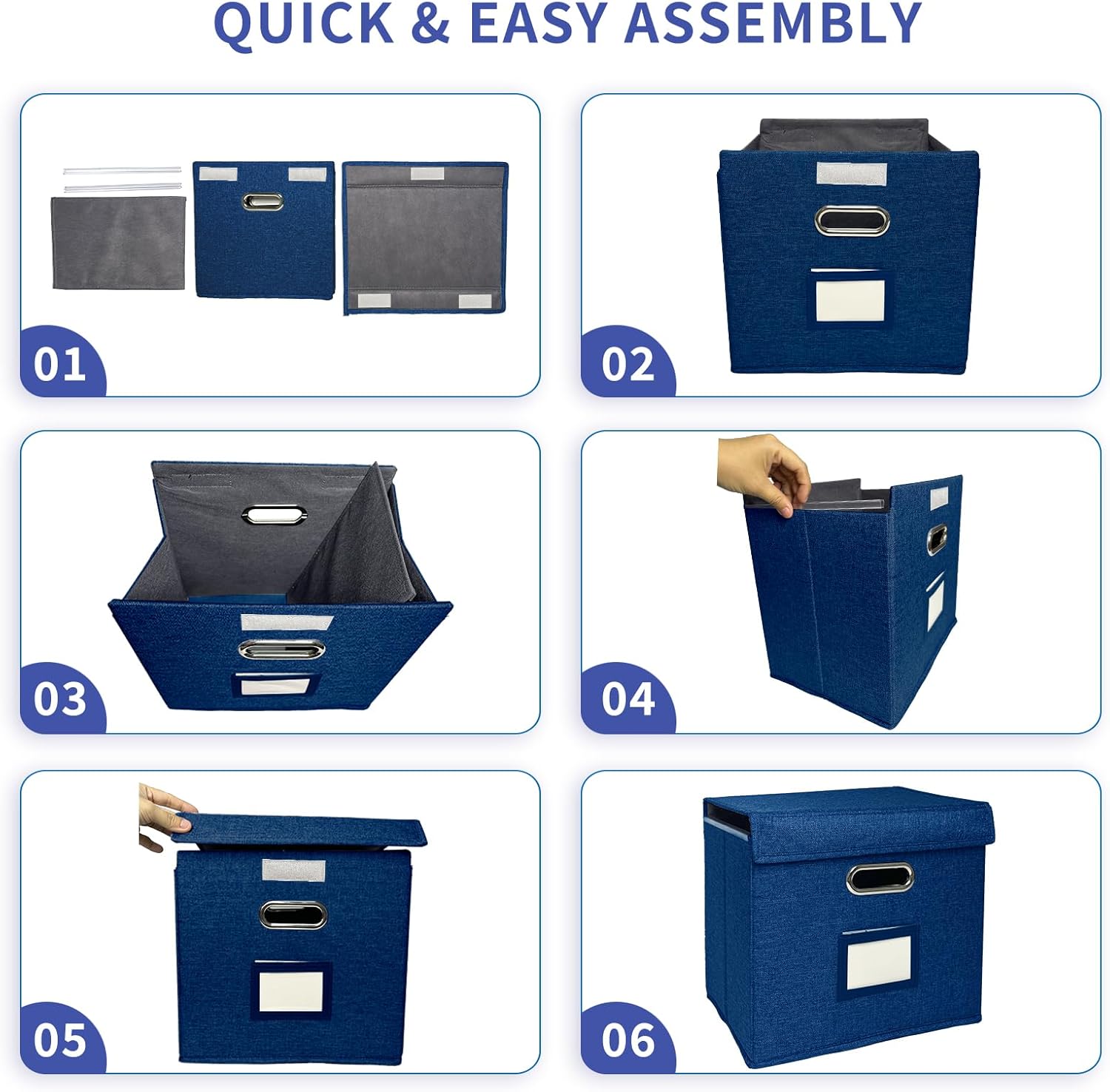 2 Pack Hanging File Folder Box with Lid, Durable Letter Size Filing Storage Box, Sturdy File Holder with Cardboard Support PVC Rails for Office Home Organizer, Blue