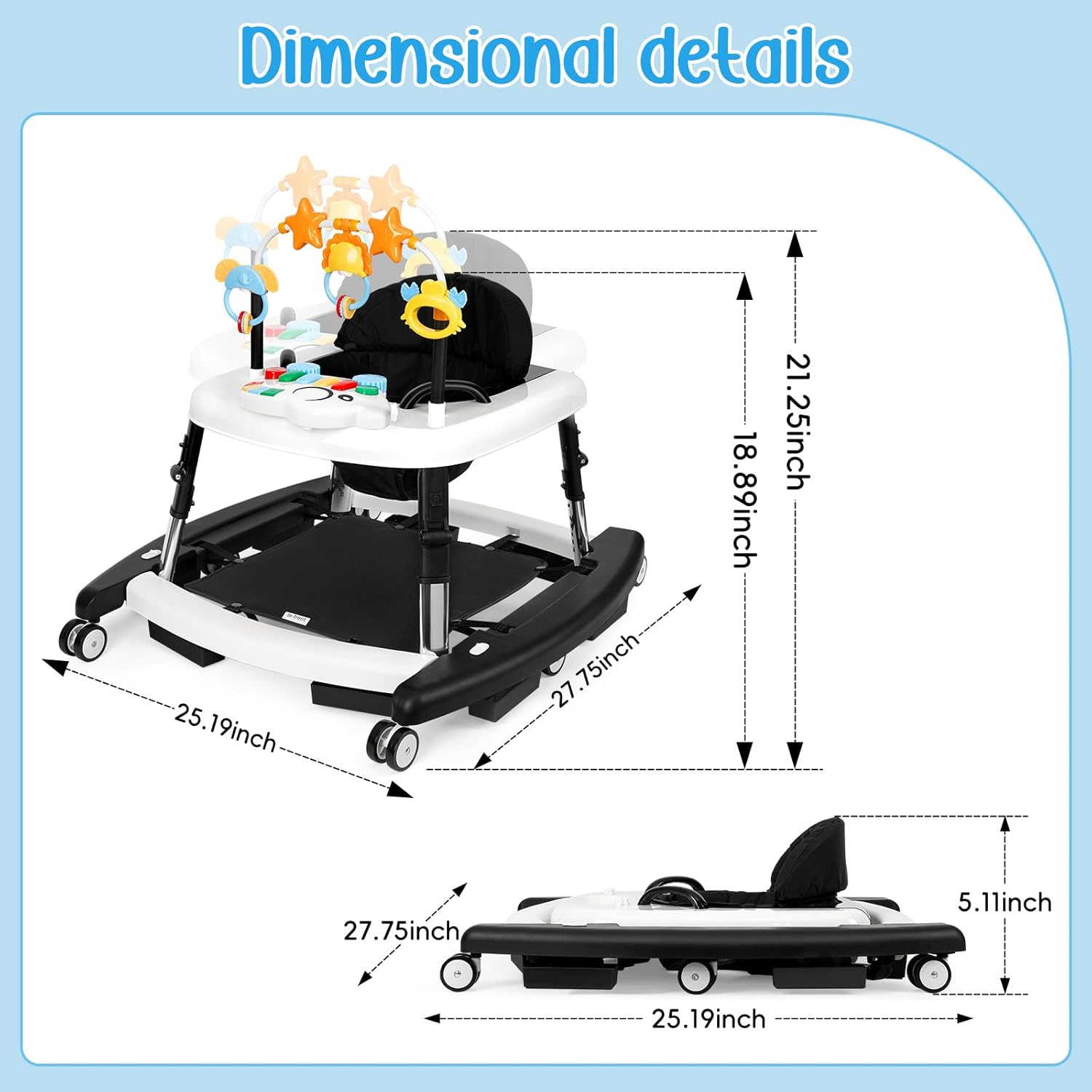5 in 1 Baby Walker Foldable Music and Lights with 5 Adjustable Heights, Baby Walker with Wheels Portable, Infant Toddler Walker for Baby Boy Girls 6-18 Months (Black)