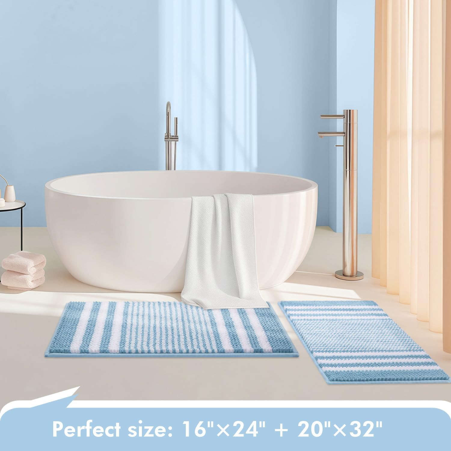 Tindbea Bathroom Rugs Set 2 Piece, Extra Soft and Absorbent Fluffy Striped Chenille Bath Mat Rug Set, Non Slip Bathroom Floor Mat, Machine Washable (20" x 32" Plus 16" x 24", Blue)