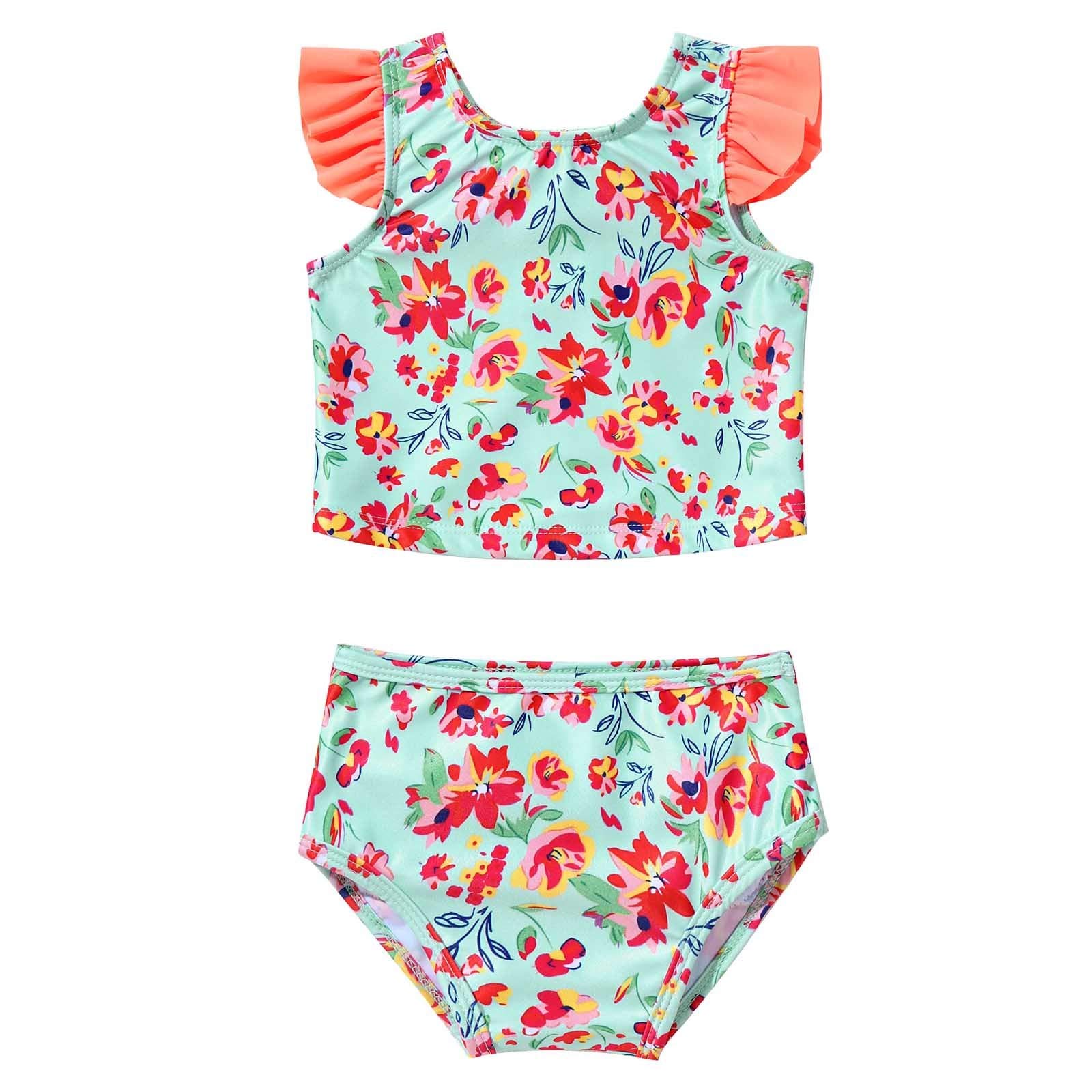Yeahdor Infant Baby Girls 2 Pcs Beach Tankini Set Flower Printed V Back Top with Brief Bathing Suit Orange 2-3