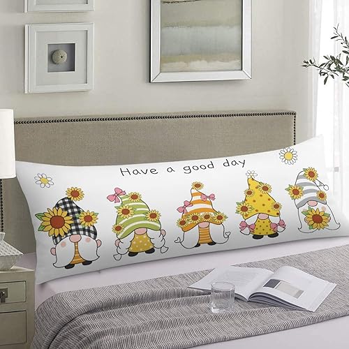 Funda de almohada corporal de gnomos de girasol con cremallera de 20 x 54 pulgadas, fundas de almohada decorativas transpirables y acogedoras para