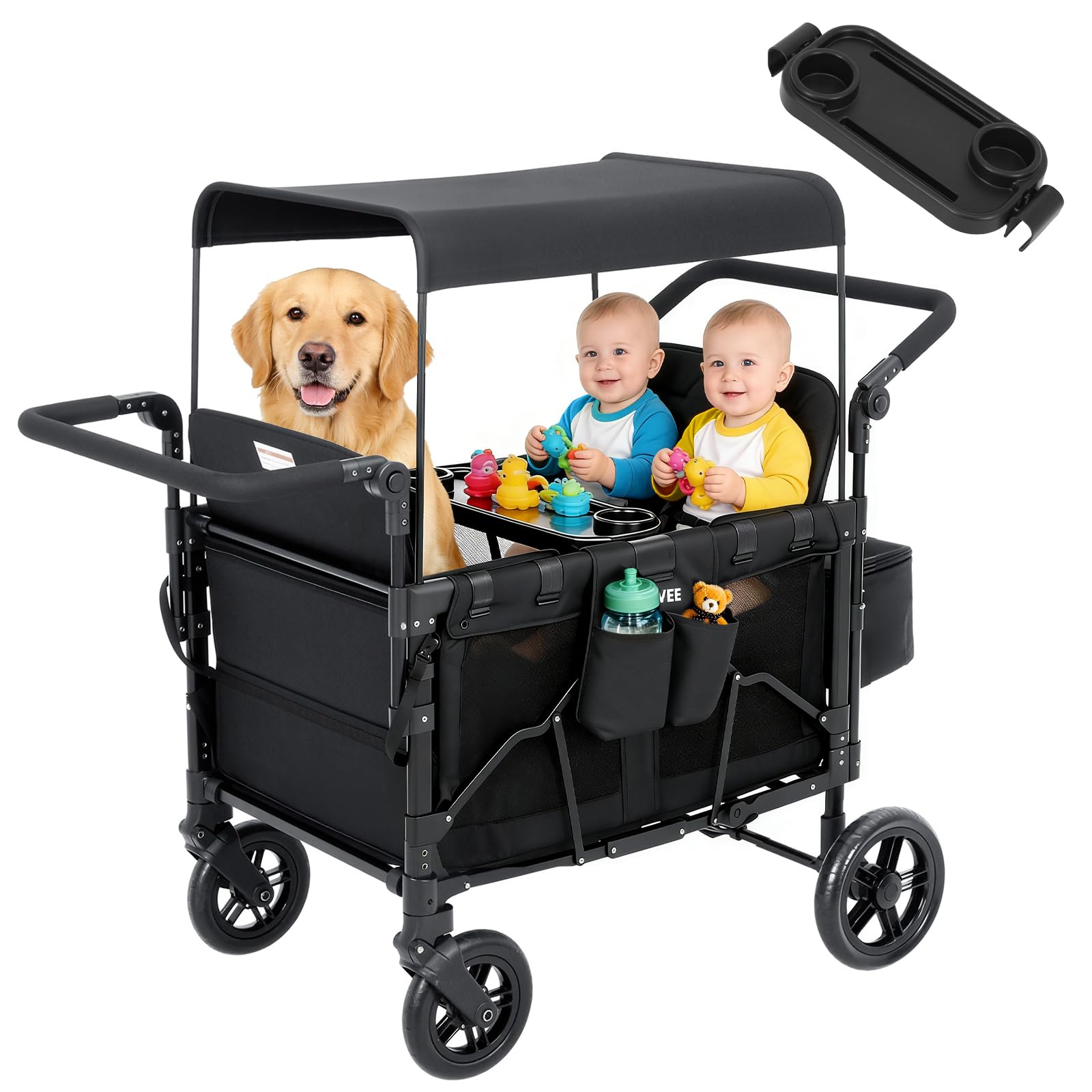 Bollerwagen Faltbar mit Dach 4 Kinder, Faltbarer Bollerwagen Handwagen Verstellbarem Schiebegriff, mit Snackablage, Abnehmbarem Verdeck, Pu-Räder mit Bremsen, Aufbewahrungstasche