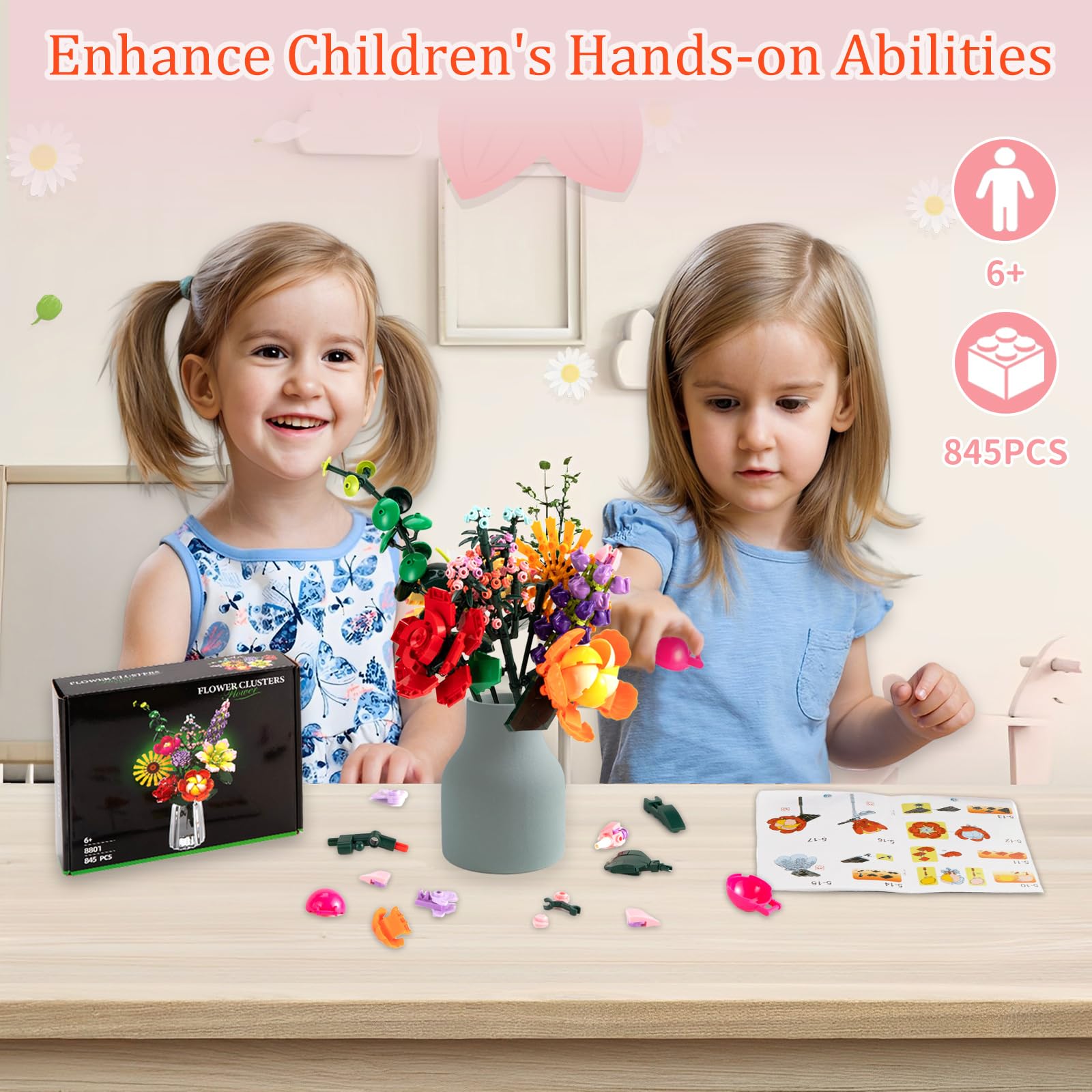 Fiori e Piante Set di Costruzioni, 845 PCS Fiori Eterni Collezione Botanica, 9 Stili di Flower Artificiali, Regali Kit San Valentino/Compleanno/Festa Della Mamma per Adulti, Ragazze 6+ Anni