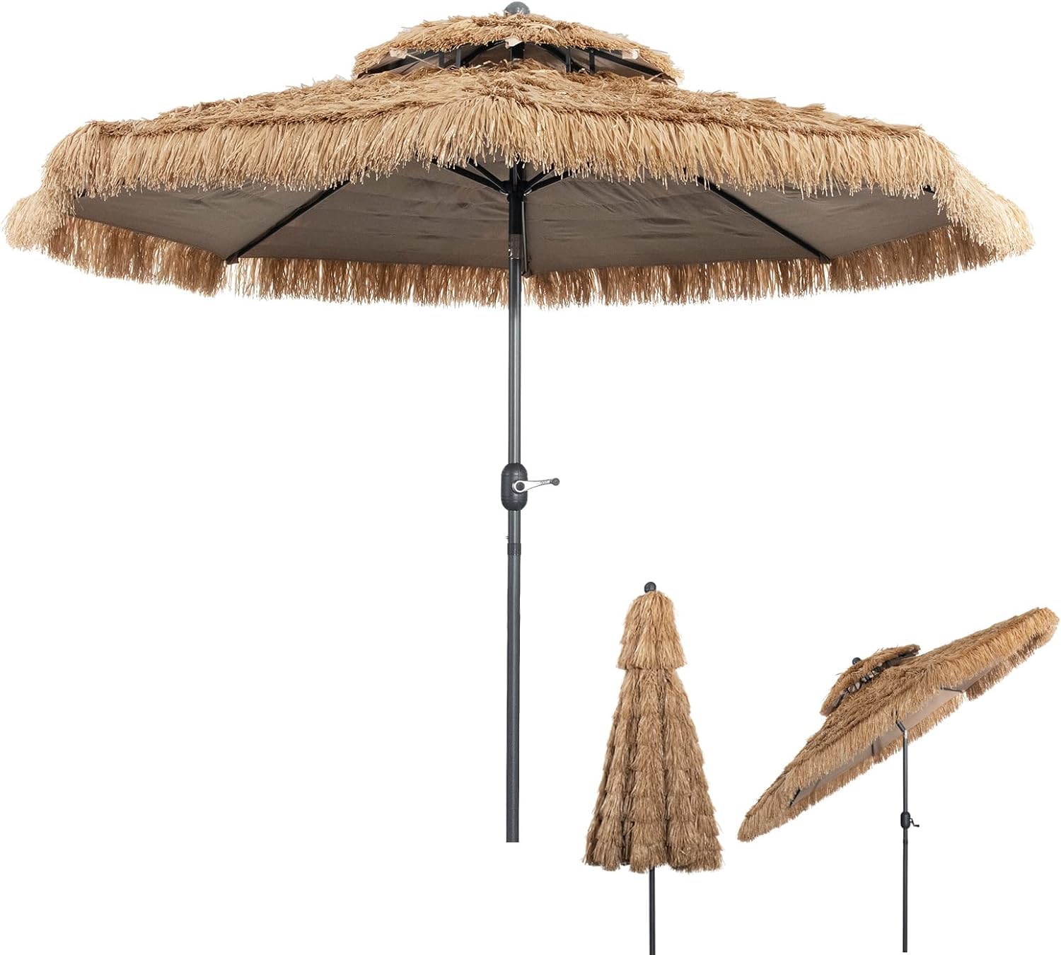 GOPLUS Sombrilla de Paja Hawaiana Ø 270/300 cm, Sombrilla Playa con 8 Varillas, Botón para Inclinación, Sombrilla de Rafia Portátil con Techo Doble, para Patio Piscina Terraza Exterior