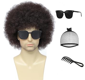 Airhostess Afro Wig for Men, Short Curly Fluffy Synthetic Wig, 70s Disco Funny Costume Wig for Halloween Party Cosplay, Natural Black Explosive Wig for Michael Jackson Themed Outfit Brown