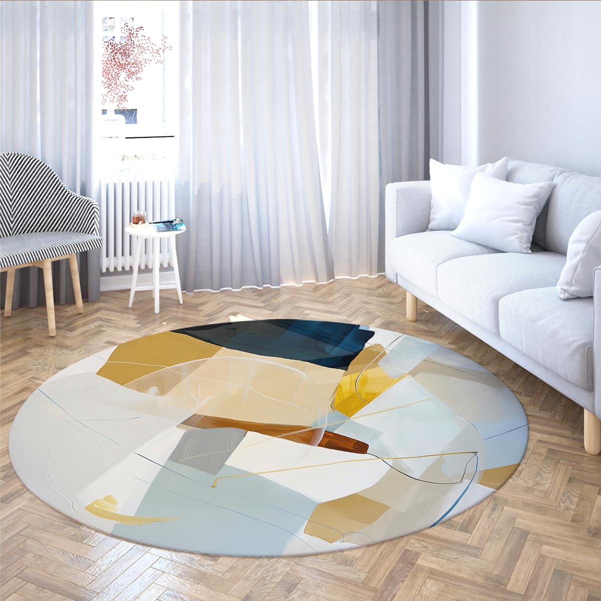 Abstraktes Kunstmuster Bereich Teppich 160cm Rund zeitgenössischer Blau-Gold-Geometrischer Design Küchenbodenmatte waschbare Wohnraumdekoration Akzentteppich für Büro