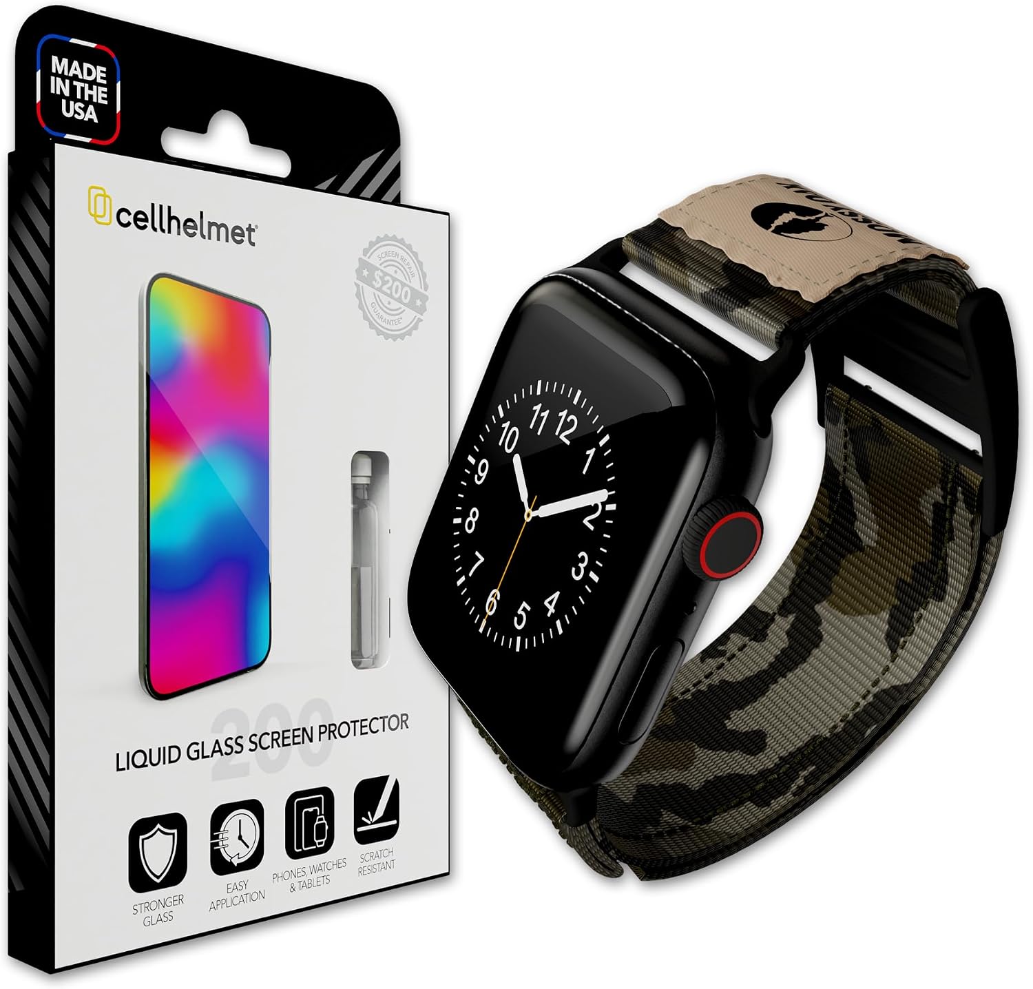 cellhelmet Mossy Oak Bottomland Camo Apple Watch Band w/USA Flag Patch Camouflage iWatch Band w/American Flag Patch - 44MM 45MM 46MM 49MM - Large Length + $200 Liquid Glass