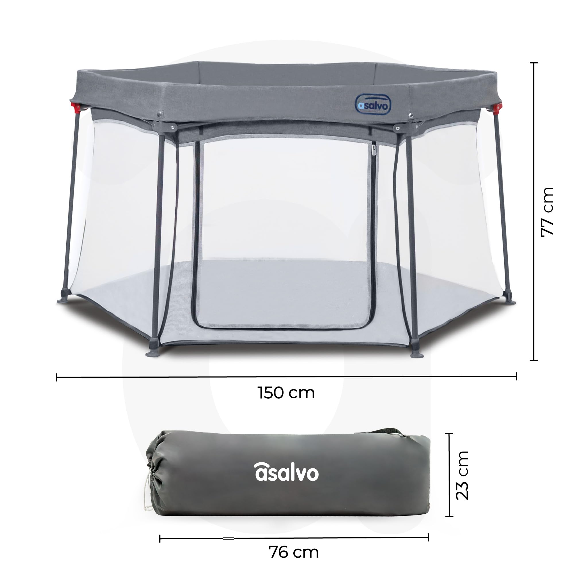 Asalvo LUXEMBURGO Parque Infantil Bebé Cuadrado y Plegable 150x150 cm, Corralito Bebe con Malla Transpirable, Parque de Juegos Bebe, Bolsa de Transporte, Fácil de Montar y Desmontar, Luxemburgo Gris