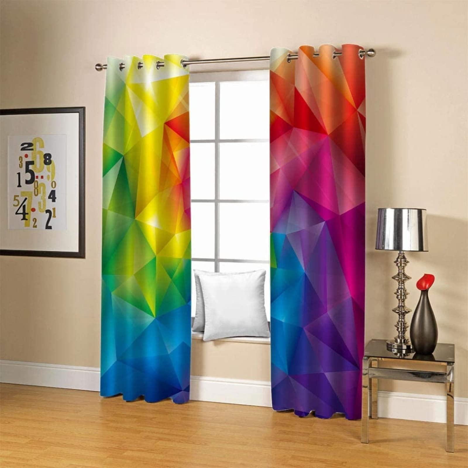 Raniel Rideaux Art Géométrique Occultants Isolant Thermique, Rideau Multicolore Occultant à Oeillets Imprimé en 3D Rideaux Chambre Salon Moderne, Lot de 2 Rideaux 117x230 cm