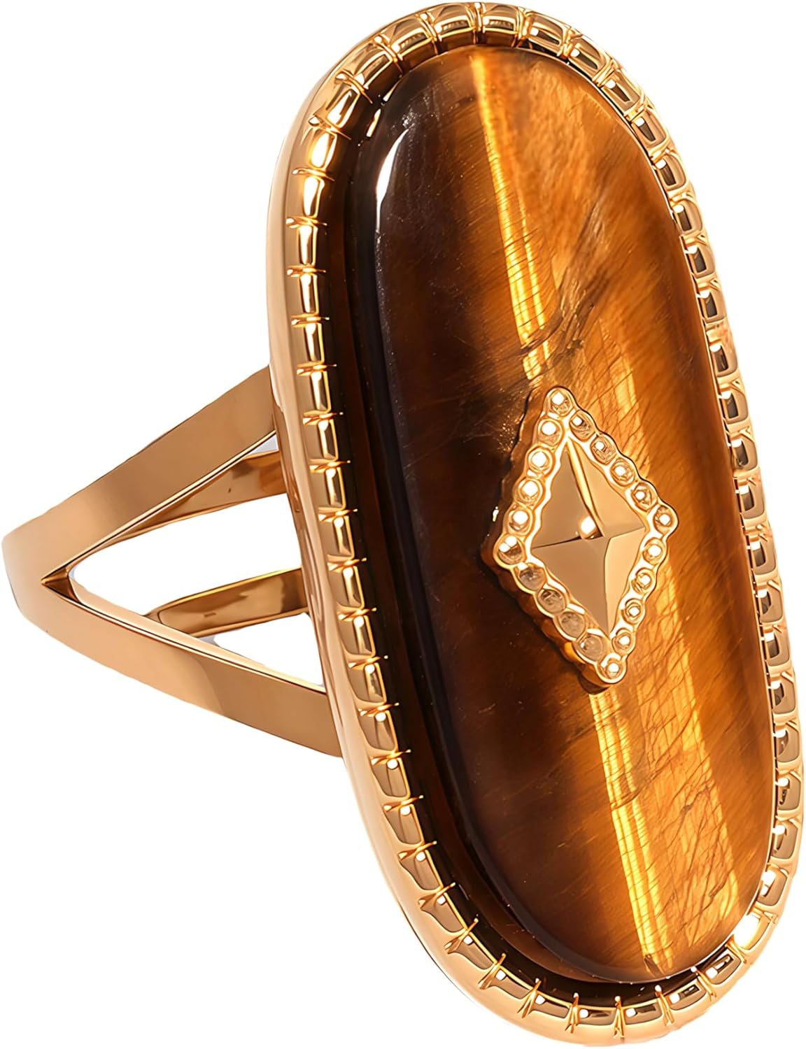 Tigers Eye Ring, Adjustable Stainless Steel Natural Stone Rings for Women, Vintage Chunky Gold Jewelry