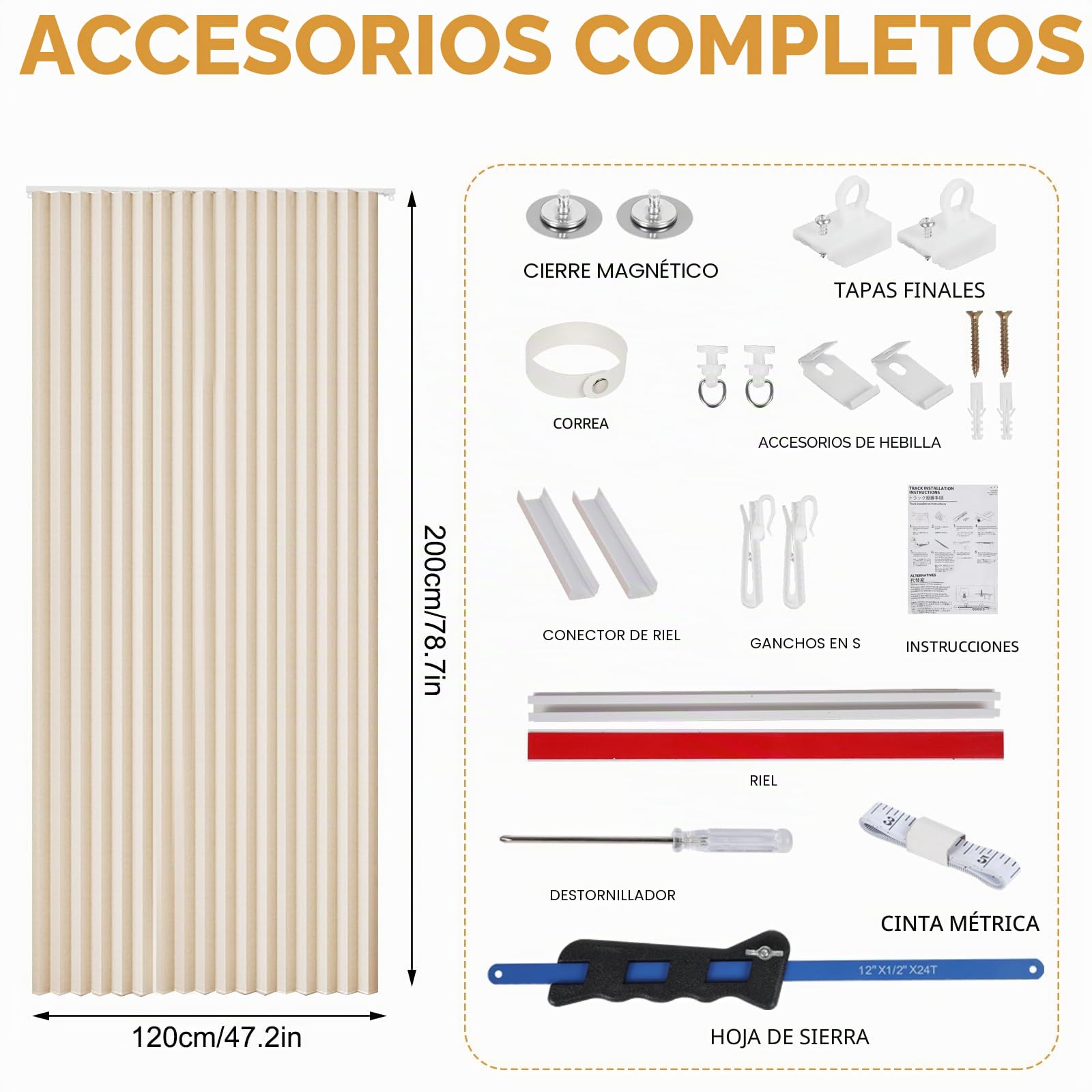 Cortina magnética para puerta, 100 % opaca, puerta de acordeón con cierre magnético, montaje adhesivo sin taladrar, incluye capa adhesiva, aspecto de lino, plegable (beige)