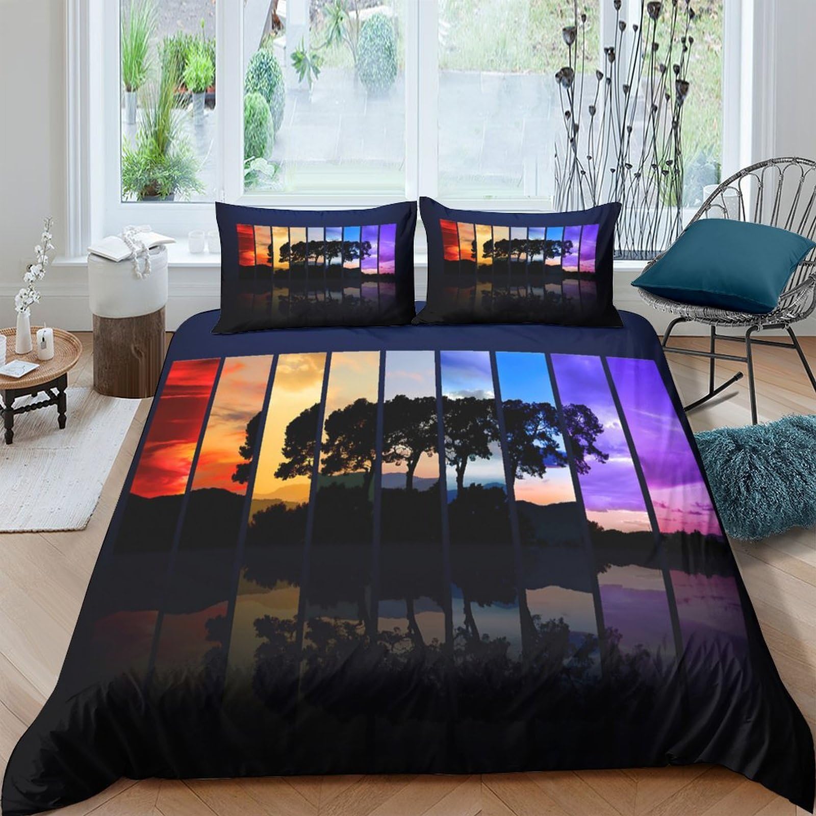 Ctjqhvkz Style-4 3D Printed Sunset Landscape Fitted Sheet Microfiber Soft Breathable Silhouette Tree Mattress Cover Bedroom Decor Single（135X200cm）