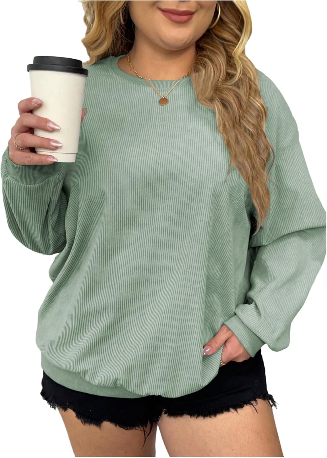 SweatyRocks Women's Plus Size Crewneck Oversized Sweatshirt Corduroy Long Sleeve Casual Pullover Tops