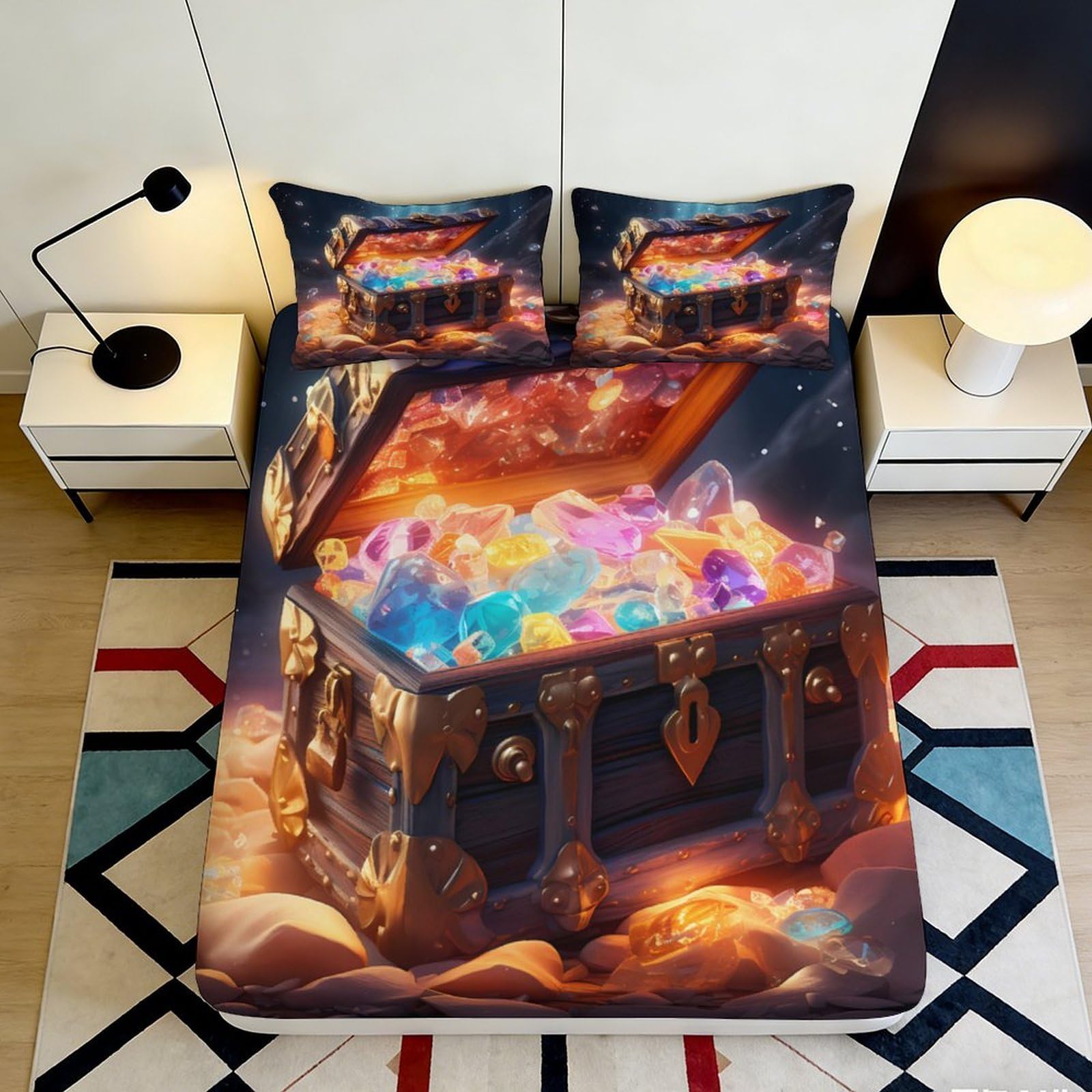 3D Printed Treasure Chest Fantasy Fitted Sheet Microfiber Soft Washable Magic Gem Mattress Cover for Bedroom Decor 90x200x25cm