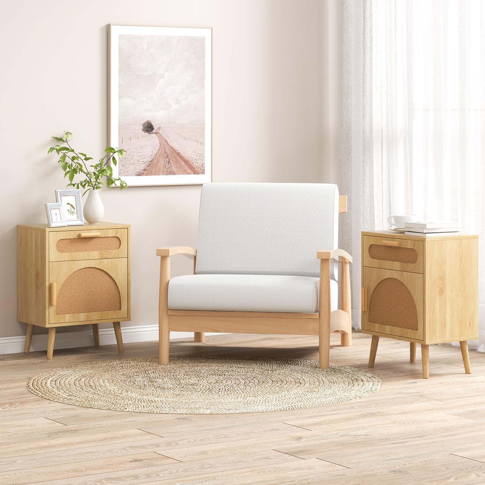 Comodino in rattan con gambe in legno massello, per soggiorno e camera da letto, 45 x 30 x 61 cm, naturale h