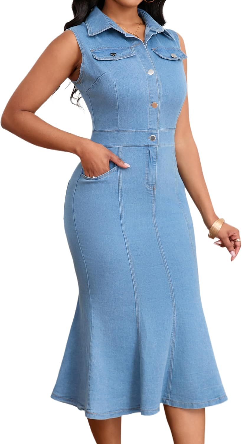 SeNight Women's Denim Dress Sexy V Neck Bodycon Mini Dresses - Image 2
