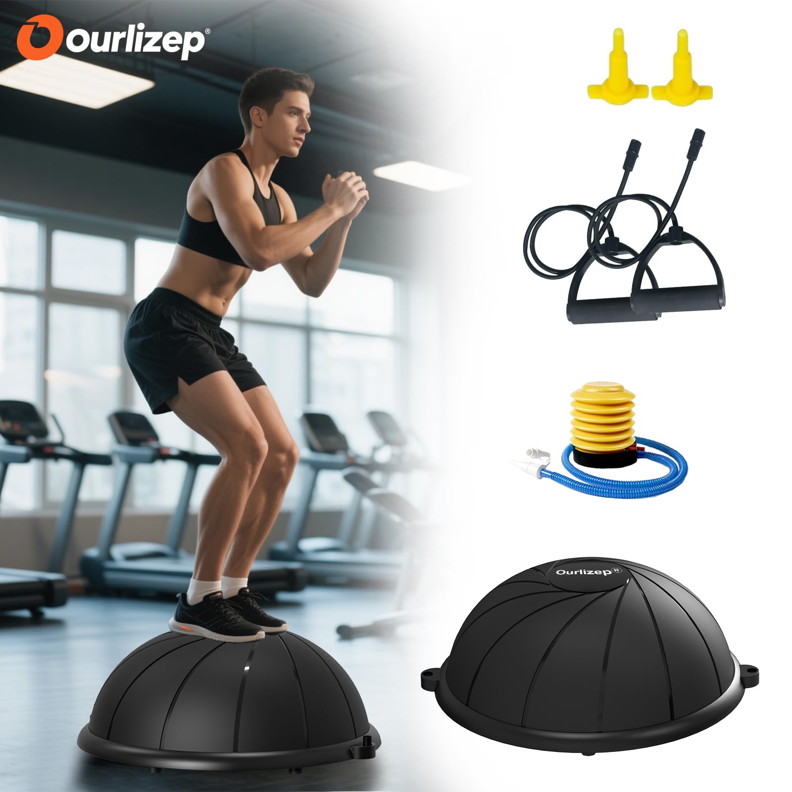 Ourizep Balance Ball bis 300 kg | Trainingsball | Halbkugel mit Expander und Pumpe | rutschfest | Yoga Ball für Krafttraining | 60 cm