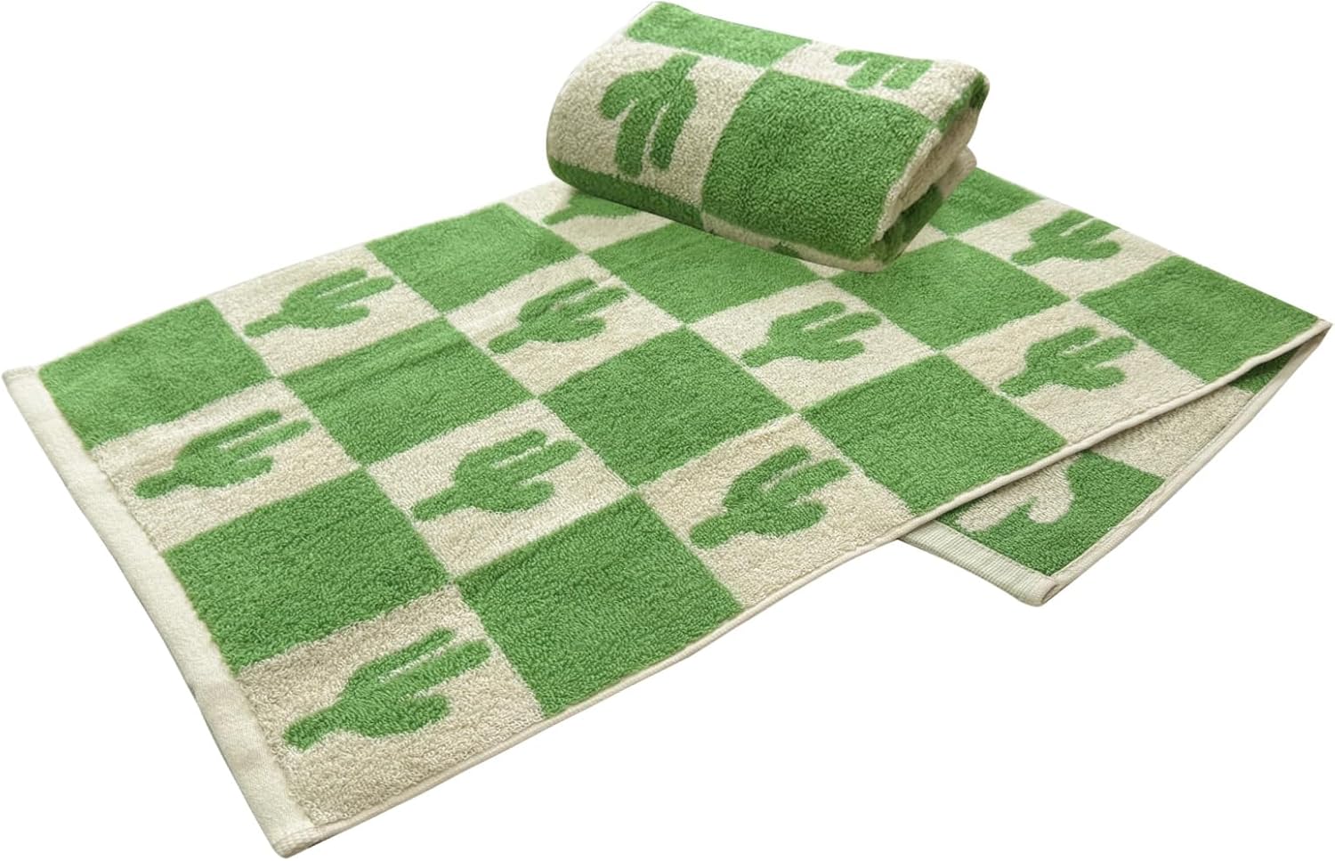USTIDE 2 Piece Premium Cute Cactus Bath Towel Set 100% Cotton Soft Absorbent Bathroom Hand Towels Green Checked Hand Towel for Bathroom Kitchen Sports, 14x30 Inch