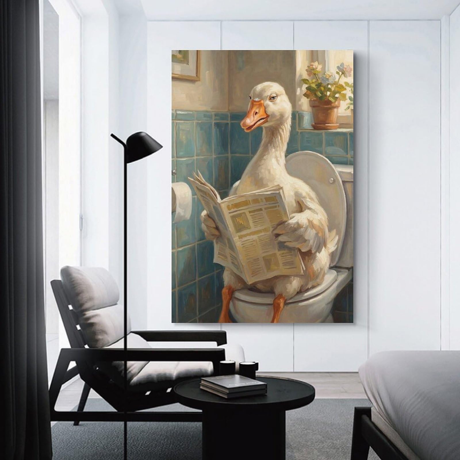 Junmoney Unframe-Style-6 Goose Reading Newspaper On Toilet Room Decor Wall Art 24X36inch(60X90cm), For Entrance Walls, Hall Decor Or Foyers, A Neat Decor Update For Hallways