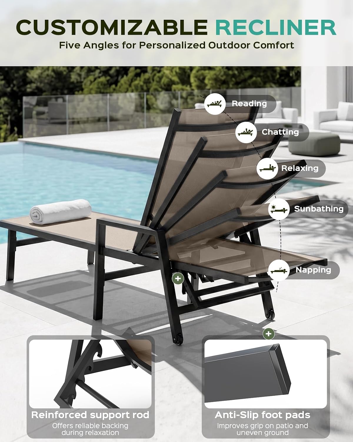 Vexwalx Patio Chaise Lounge Chair Outdoor with Wheels&Armrests, Aluminum Pool Lounge Chairs 5-Position Adjustable Recliner, Outdoor Beach Lounge Chairs for Outside, Patio, Deck, Yard, Khaki image 3