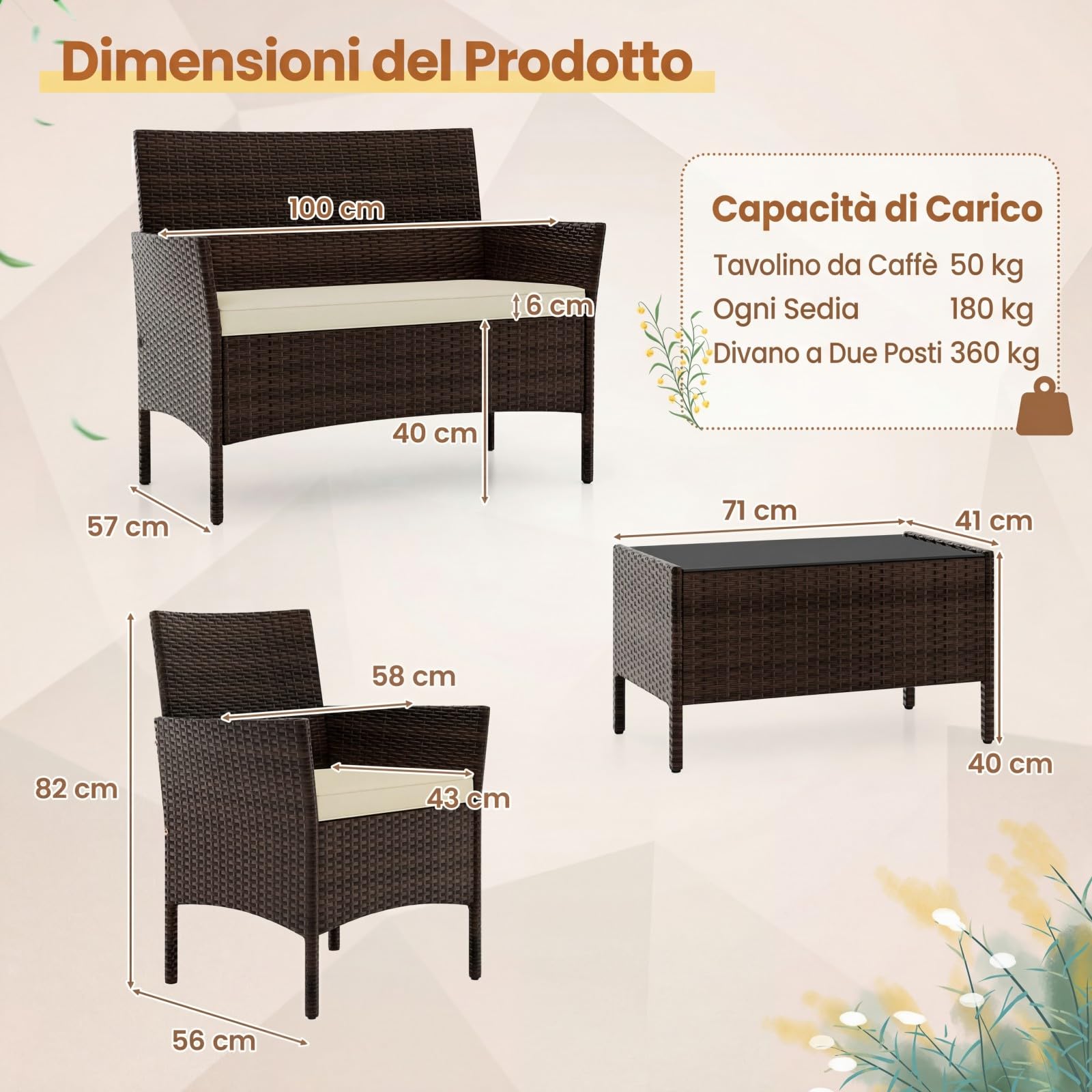 SOARS Salotto da Giardino Esterno 4 Pezzi, Set Giardino Esterno con Divanetto, 2 Poltrone e Tavolino da Caffè in Vetro Temperato, Salotto da Patio con Cuscini per Balcone, Veranda (Marrone+Beige)