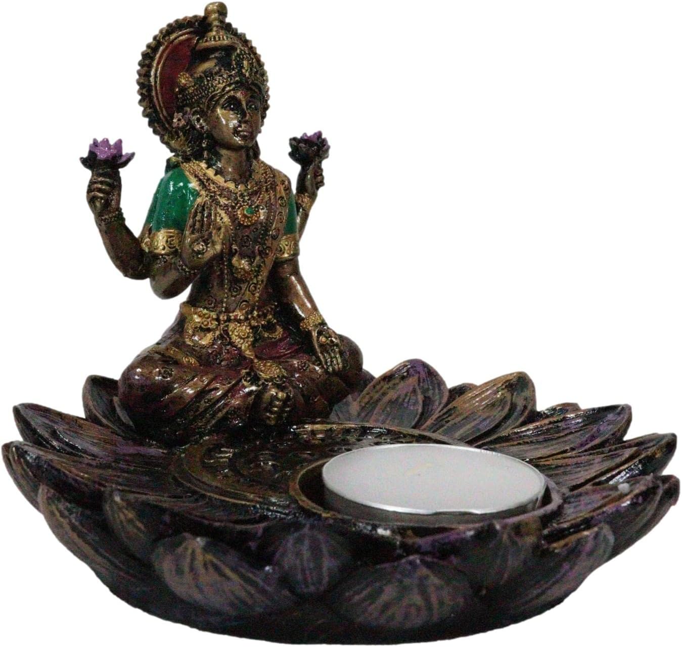 Ebros Gift Hindu Deity Goddess of Prosperity and Fortune Lakshmi Sitting On Lotus Padma Flower Votive Candle Holder Figurine Candleholder Altar Statue