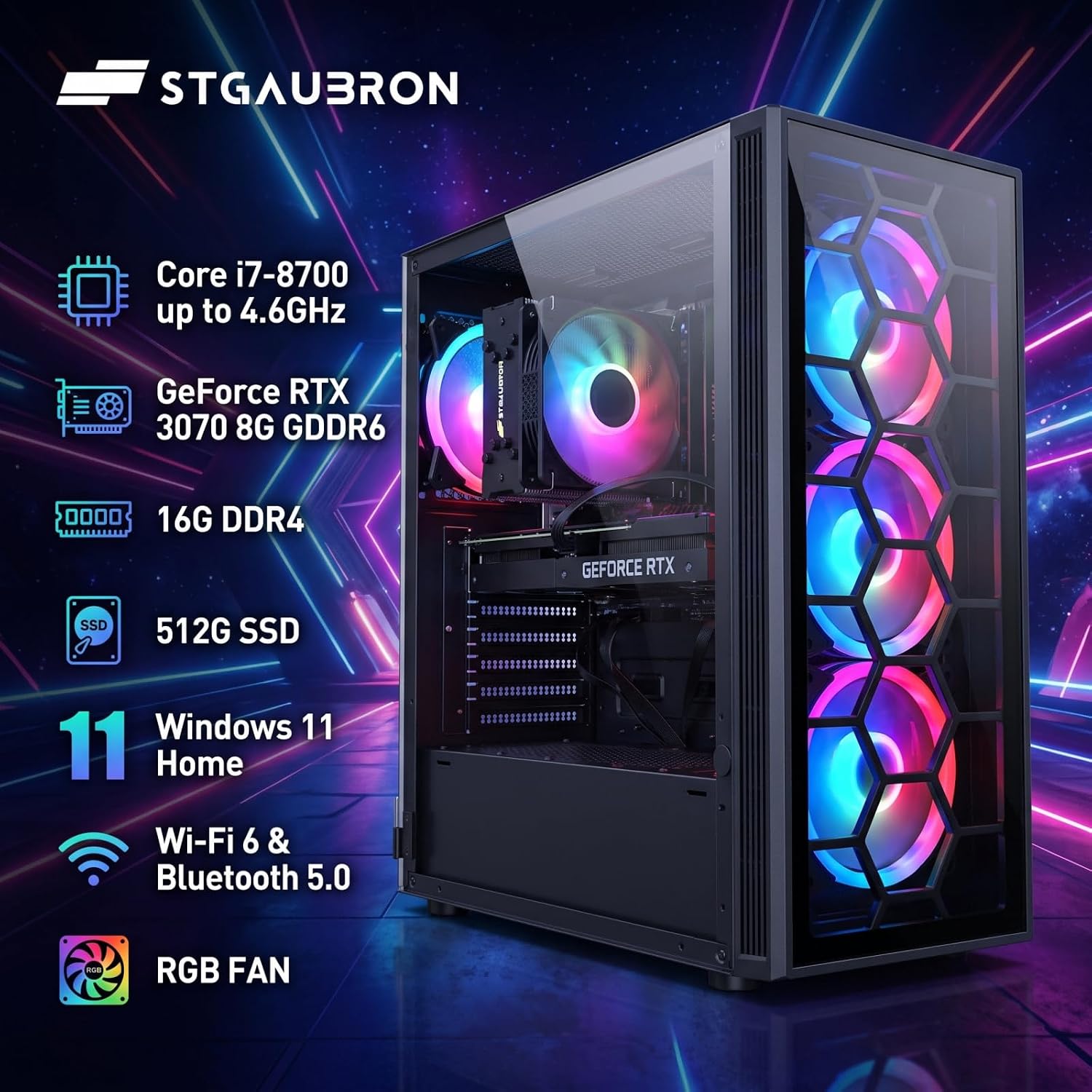 STGAubron Gaming PC Desktop,Core i7-8700,RTX 3070 8G,16GB DDR4,512G SSD image 2