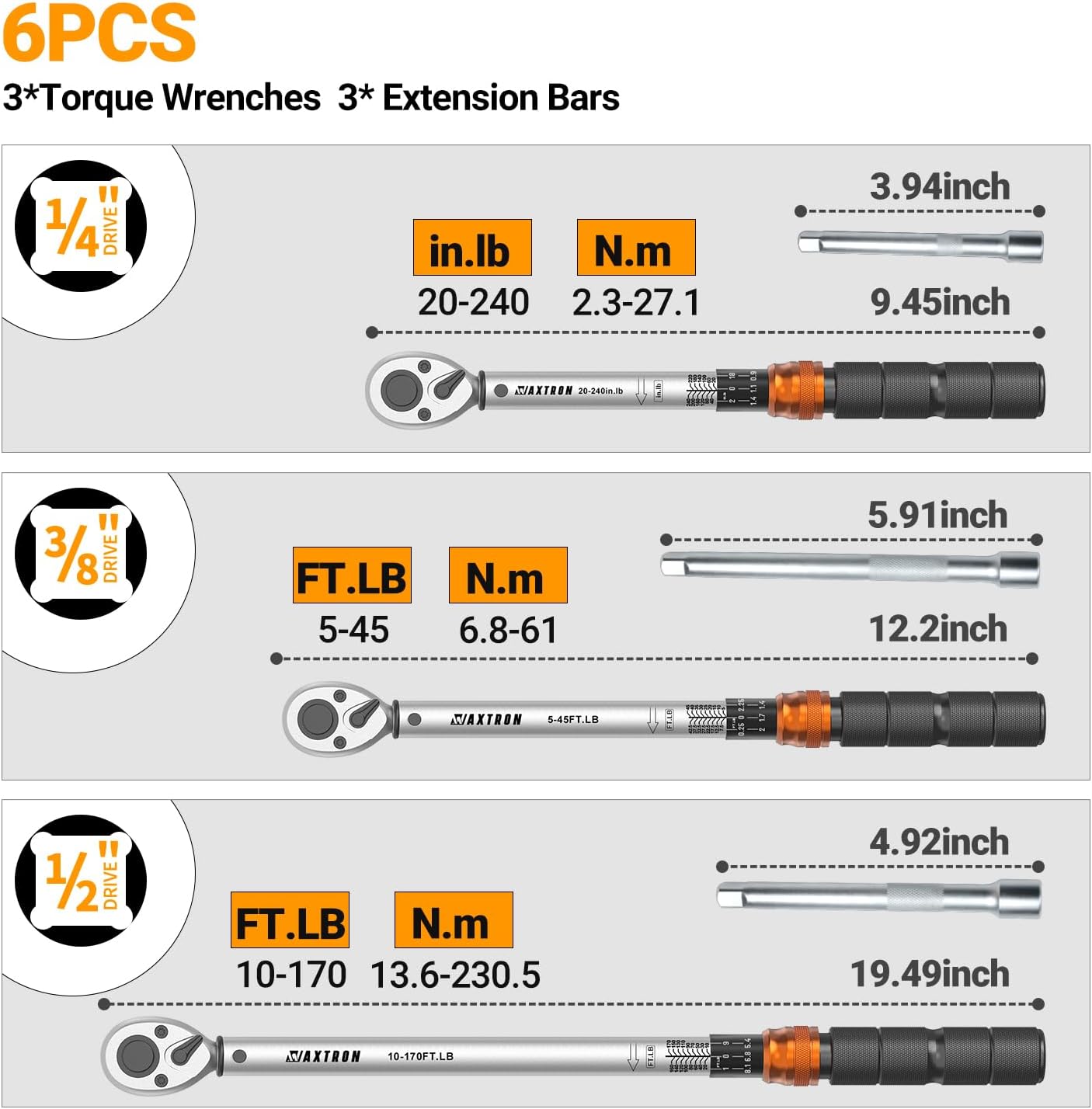 Click Torque Wrench Set - 1/4, 3/8, 1/2 Inch Drive Torque Wrench Ratchet, Dual-Direction Micrometer, for Automotive, Motorcycle, Bicycle - 6-Piece Kit with Extension Bars