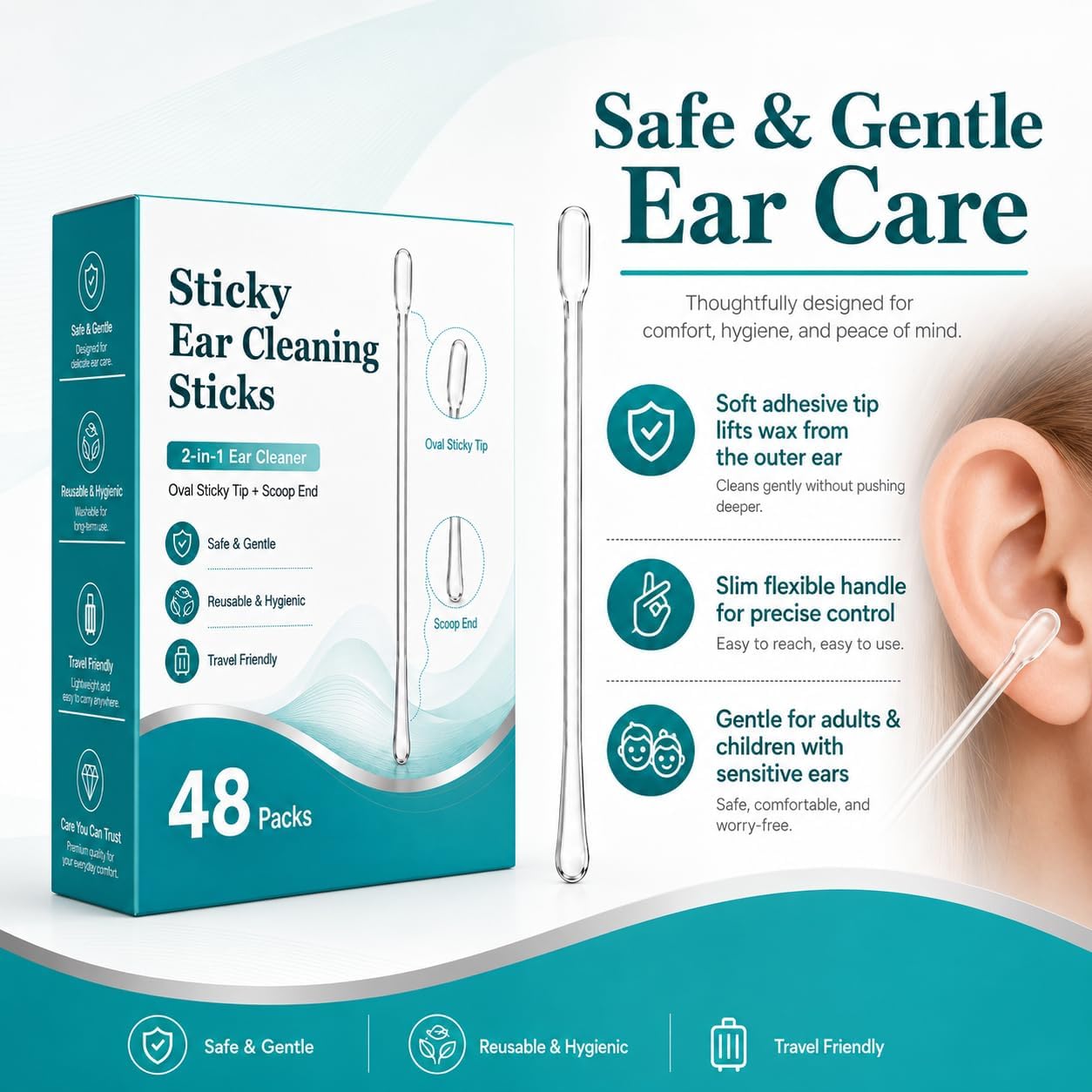 2-in-1 Sticky Ear Wax Remover, Dual-Ended Ear Cleaning Stick with Adhesive Tip & Ear Scoop, Gentle Reusable Ear Cleaner for Adults & Kids, Portable Travel Ear Care Kit (48 Count)