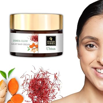 Good Vibes Ubtan Insta Glow Light Day Cream | with Turmeric, Saffron & Vitamin B3 | Hydrating & Nourishing Face Moisturizer for All Skin Types | No Parabens, Sulfates or Mineral Oil | 1.76 Oz (50g)