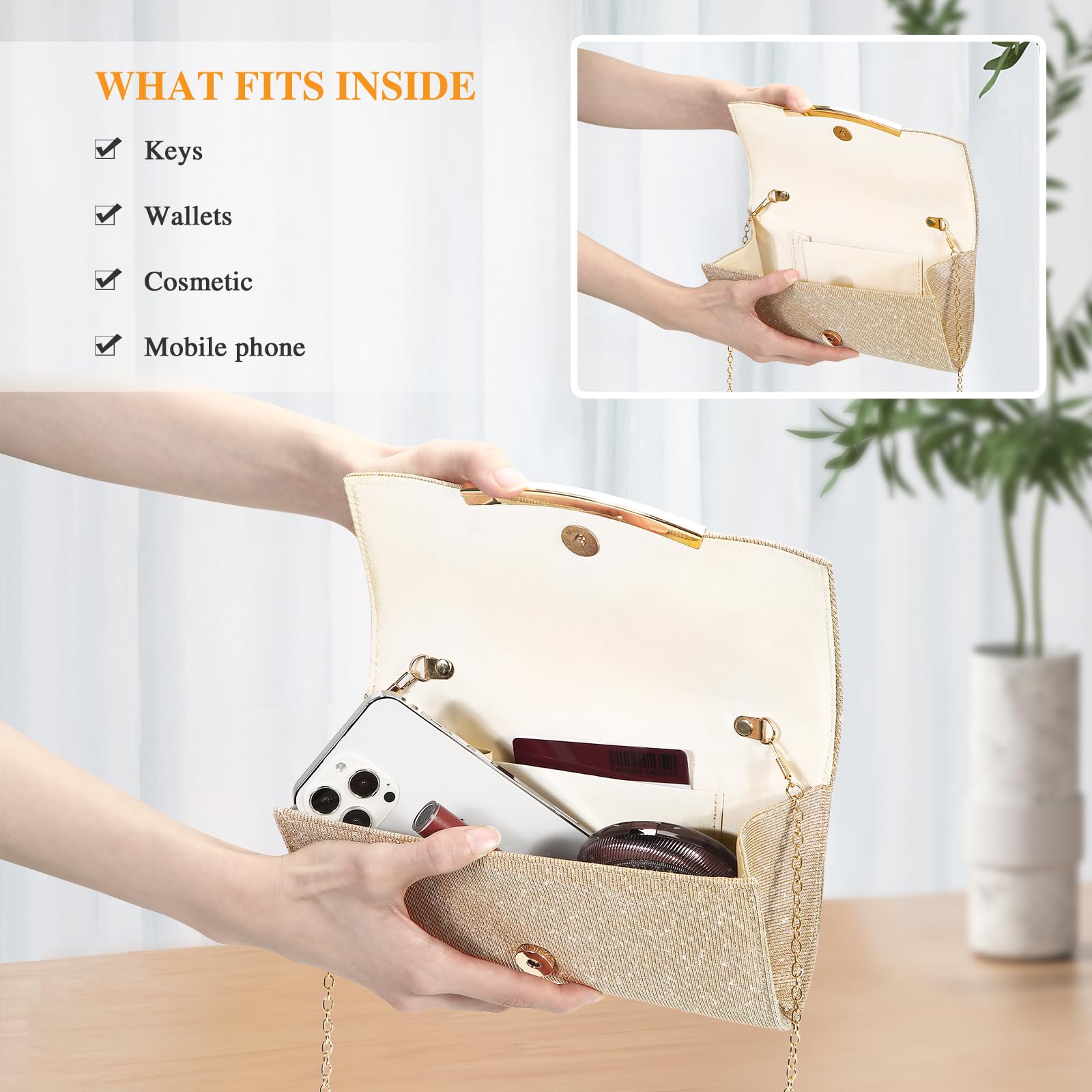 UBAYMAX Bolso de Fiesta Plateado Lentejuelas, Clutch Pequeño con Cadena Desmontable y Cierre Imantado, Bolso de Mano Elegante para Boda y Ceremonia