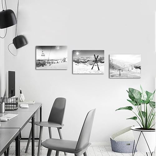 Miniatura 2 de Biuteawal Lienzo de esquí de 3 piezas, arte de pared en blanco y negro para remontar, tablas de snowboard al sol, pintura nevada de invierno,