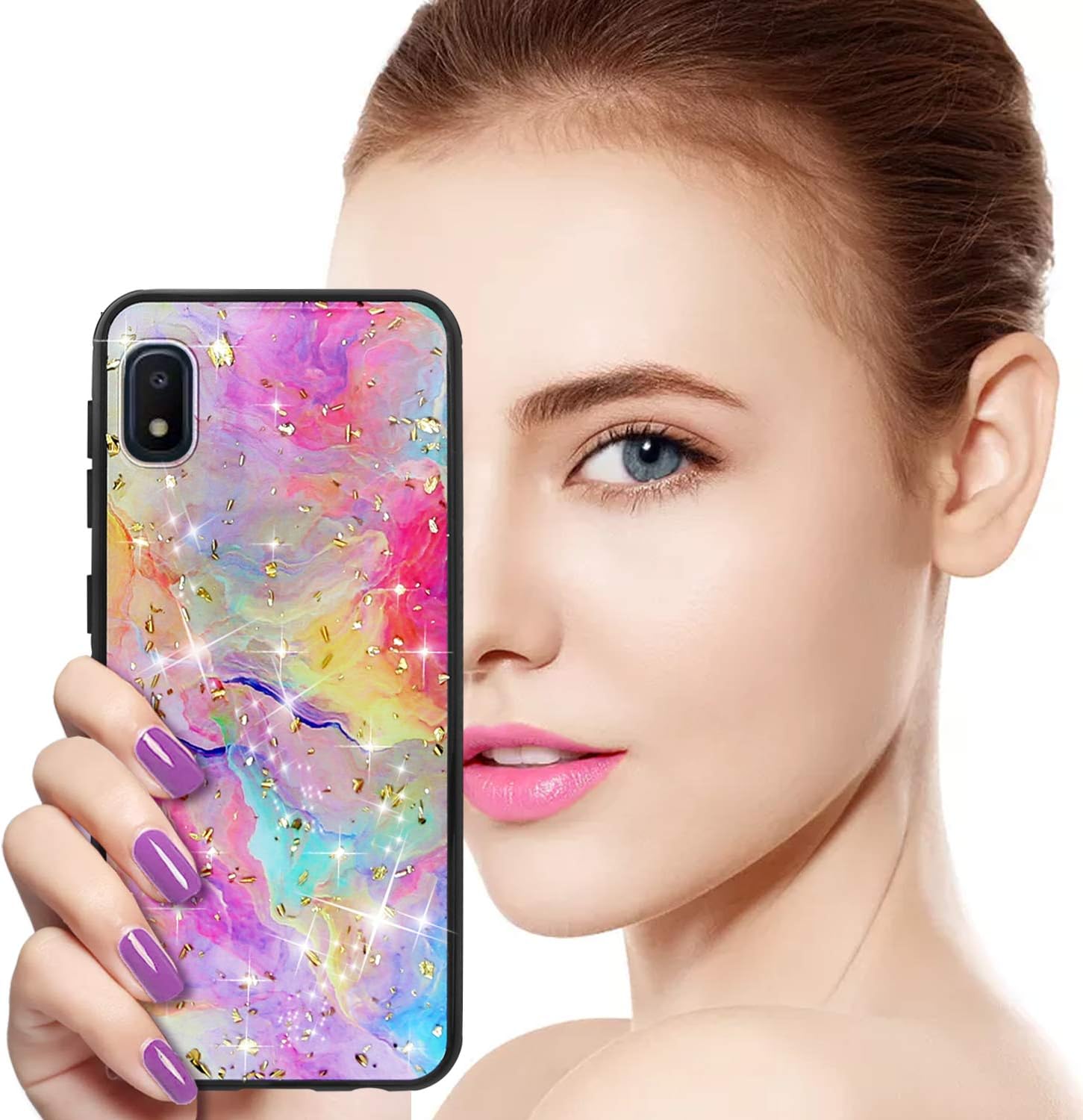 TJS Phone Case Compatible with Samsung Galaxy A10E 5.8" (Not Fit Galaxy A10/M10), [Full Coverage Tempered Glass Screen Protector] Shiny Marble Glitter Back Skin Full Body Soft TPU Bumper (Rainbow)