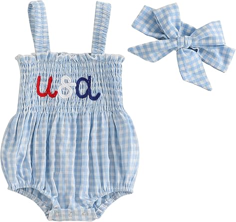 Sujhwsx Baby Girl 4th Of July Outfits Plaid Letter Embroidery Sleeveless Romper Independence Day Clothes Headband 2Pcs