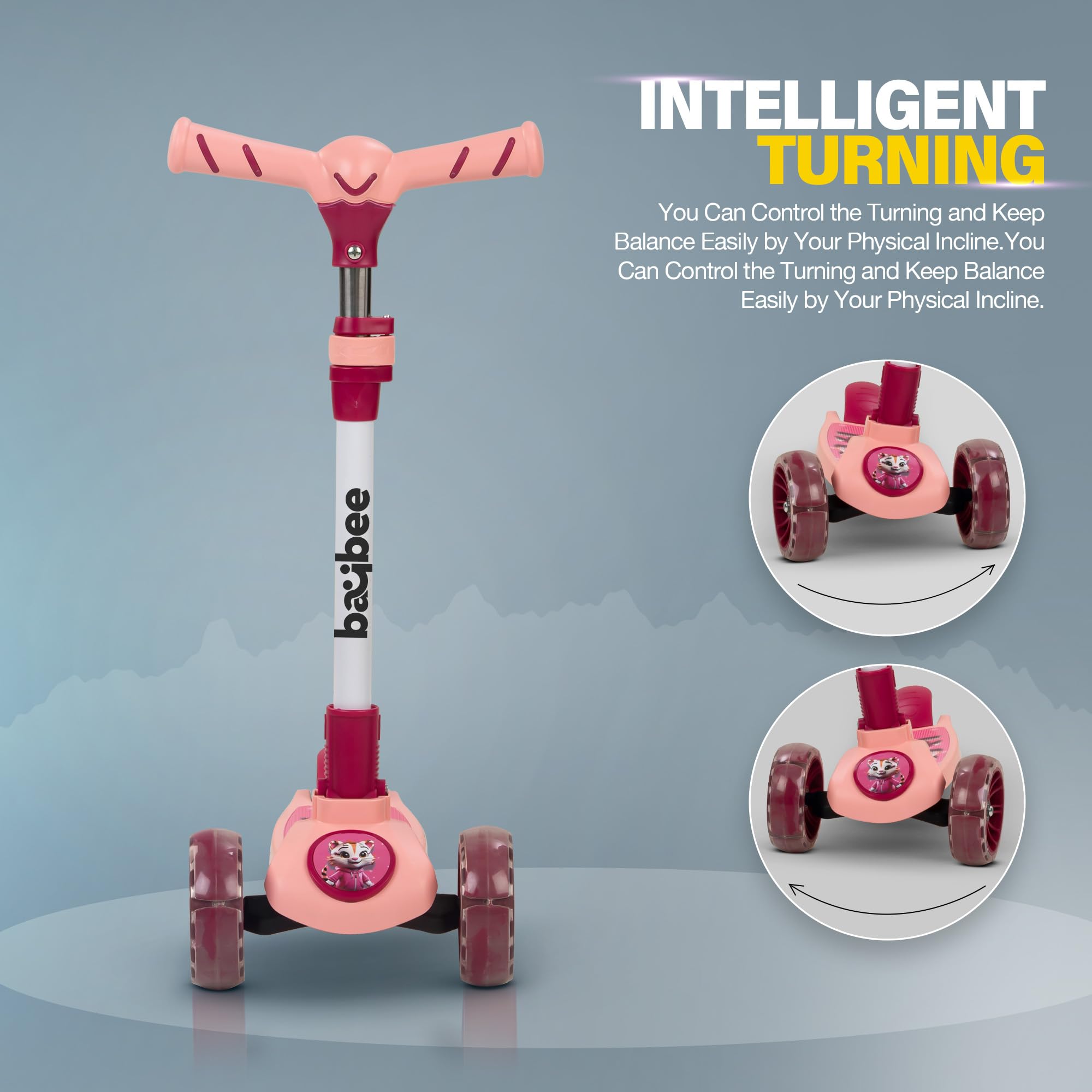 Baybee Kitty Kick Scooter for Kids | Foldable 3 Wheel Kid Scooter with 4 Height Adjustable Handle & Brake | Skate Scooters with LED PU Wheels | Runner Scooters for Kids 3 to 10 Years Boys Girls (Pink) - Image 4 thumbnail