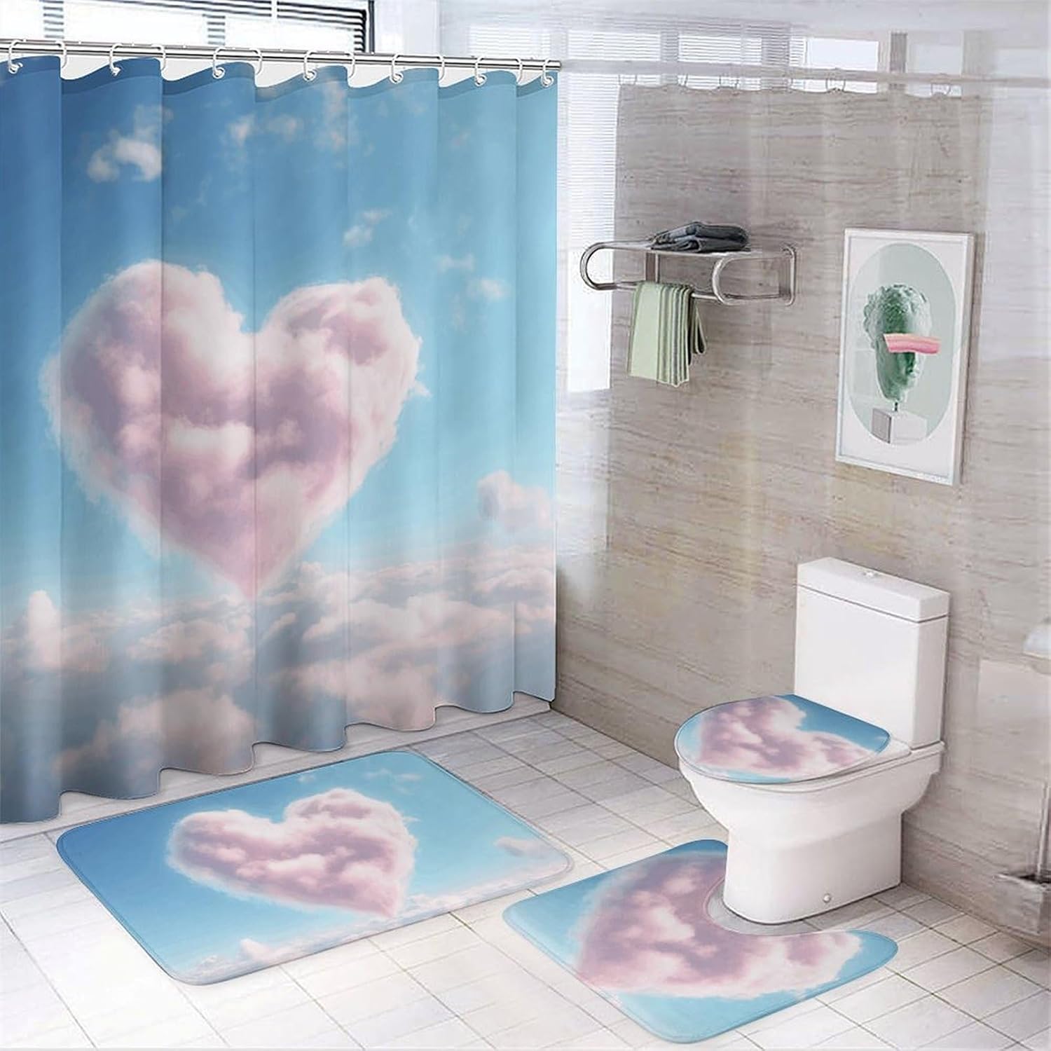 Heart Shaped Cloud Shower Curtains Set 4 Piece with Non-Slip Rugs, Toilet Lid Cover and Bath Mat Soft Bathroom Carpet Waterproof Bathroom Curtain with 12 Hooks for Bathroom Decor