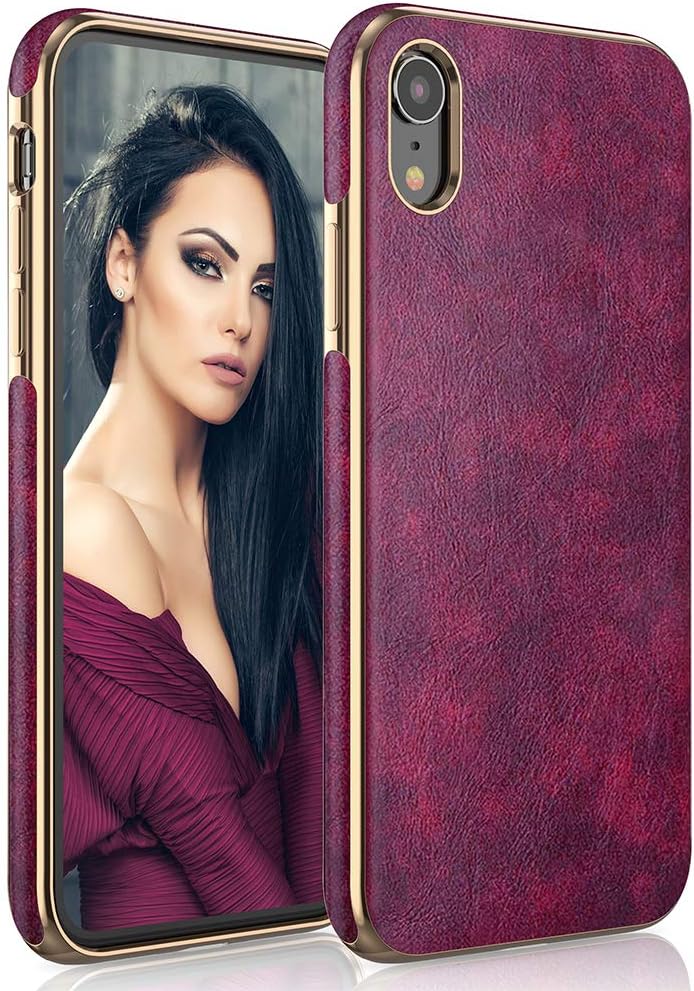 LOHASIC iPhone XR Leather Case for Women, Luxury Elegant Thin Slim PU Soft Grip Flexible Bumper Anti-Scratch Shockproof Protective Cover Cases Compatible with Apple iPhone XR 6.1 inch - Purplish Red