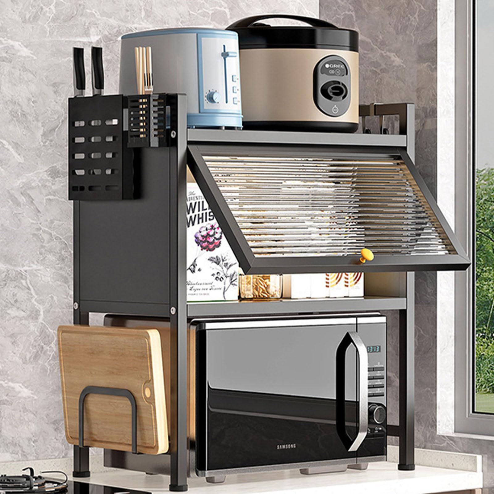 CHUOZI Microwave Oven Rack Shelf 3 Tier Kitchen Sideboard for Dishes Tableware Holder Toaster with Cutting Board Chopstick Organizer